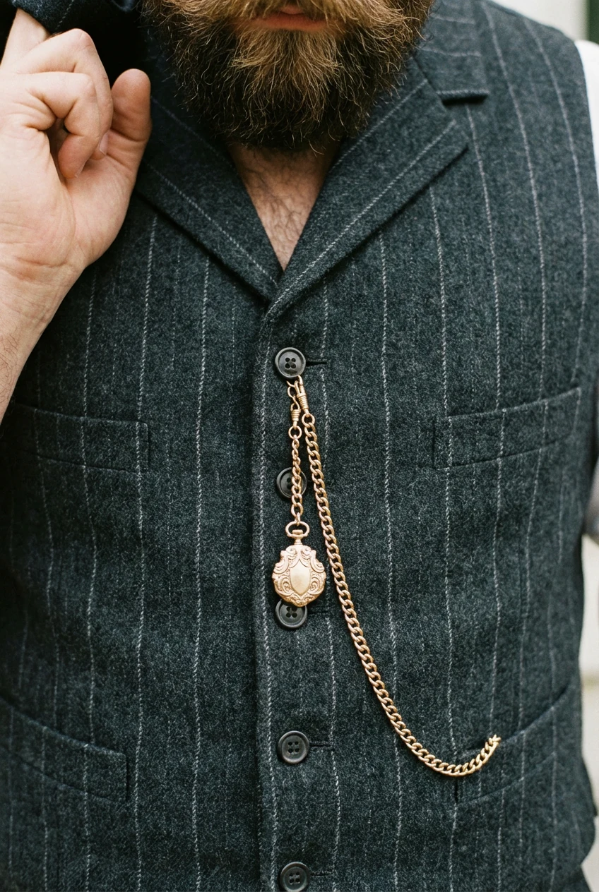 male closeup of pinstripe vest, pocket watch chain