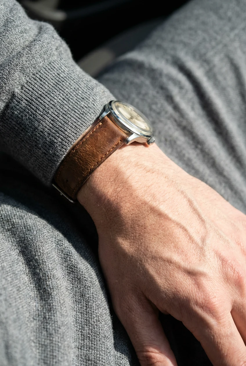 closeup male wrist, leather watch, grey knit polo
