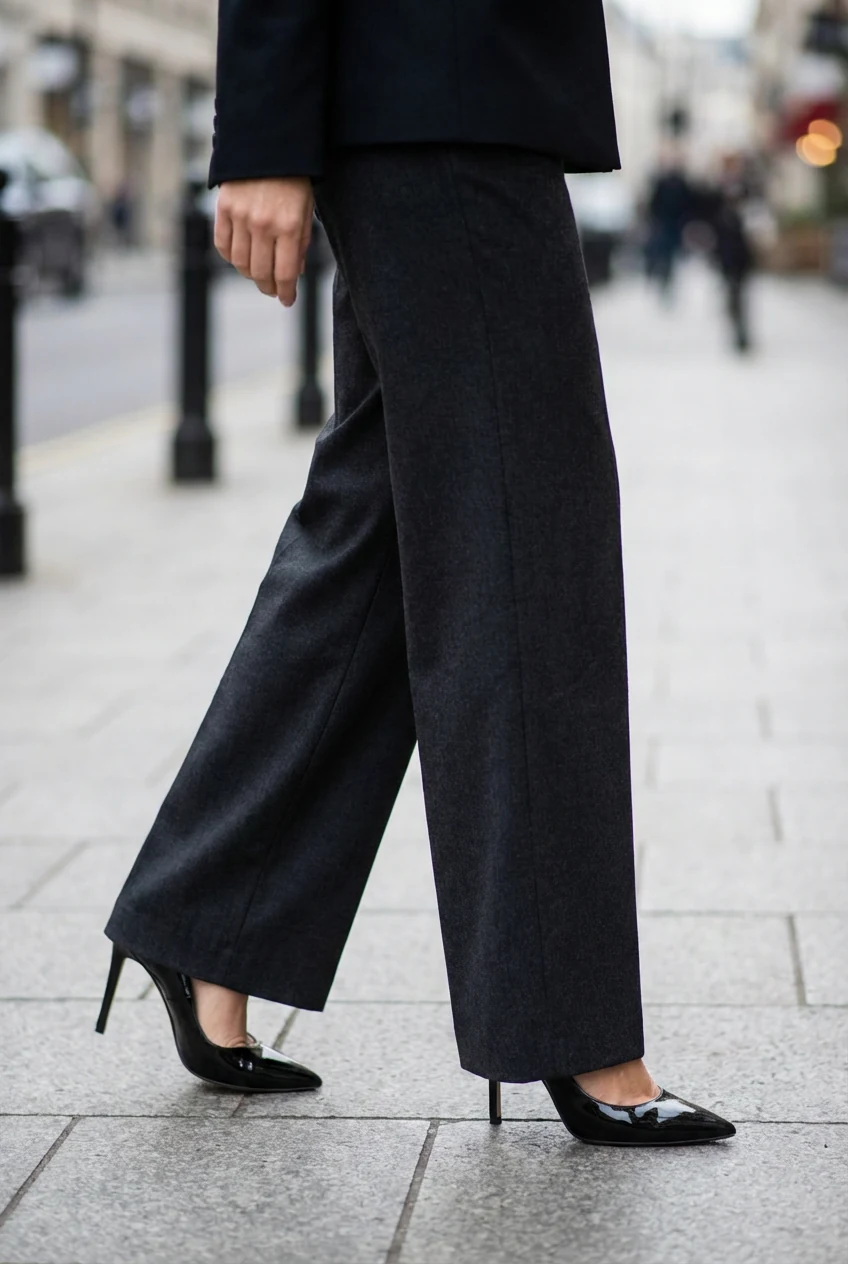 pointed heels peeking beneath floor-skimming wide-leg trousers, female