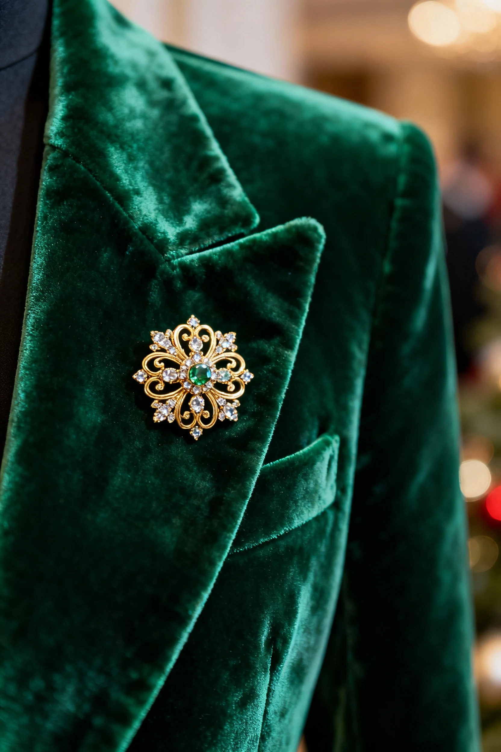 closeup emerald velvet blazer lapel with festive brooch
