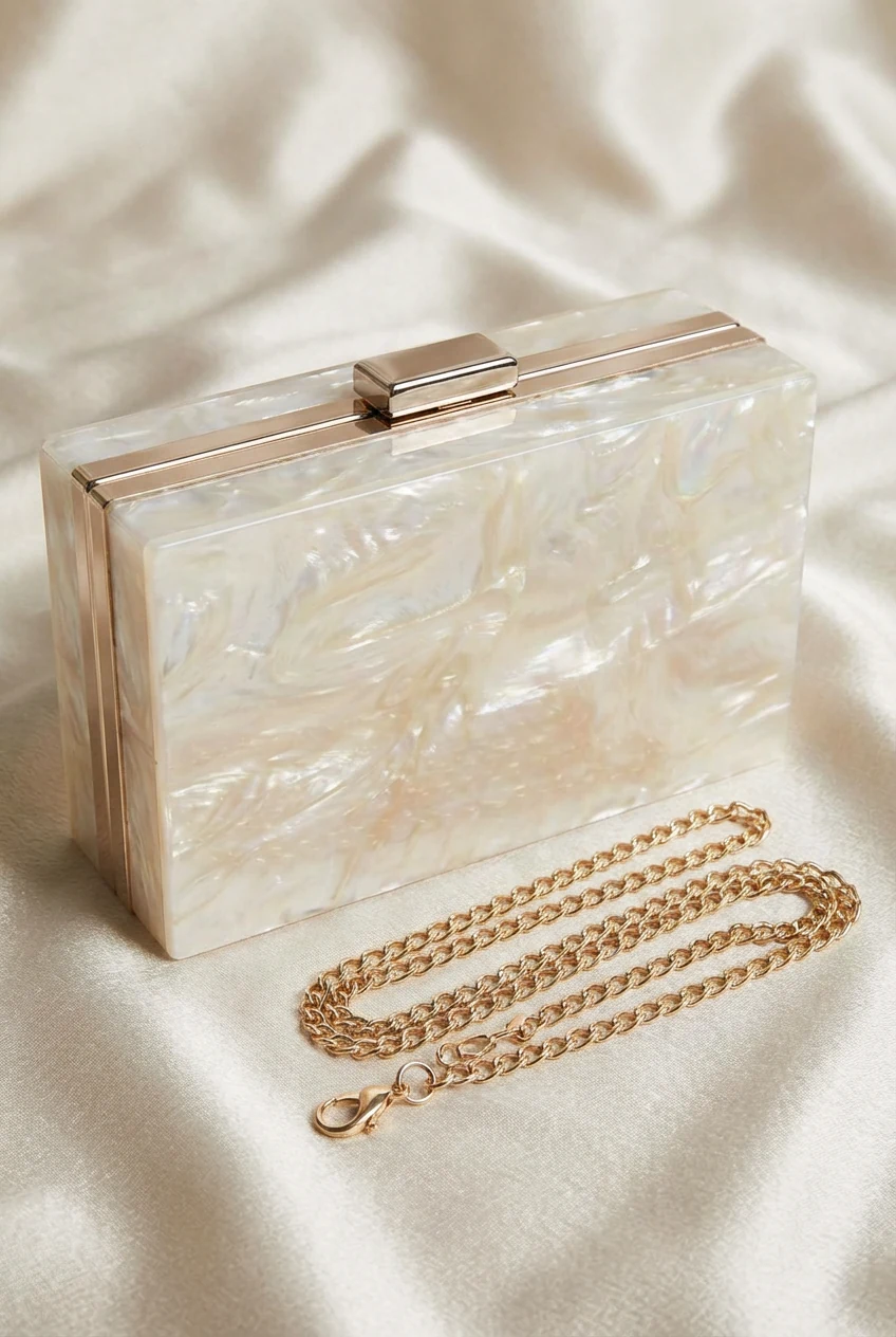 closeup acrylic box clutch, pearly finish, detachable chain
