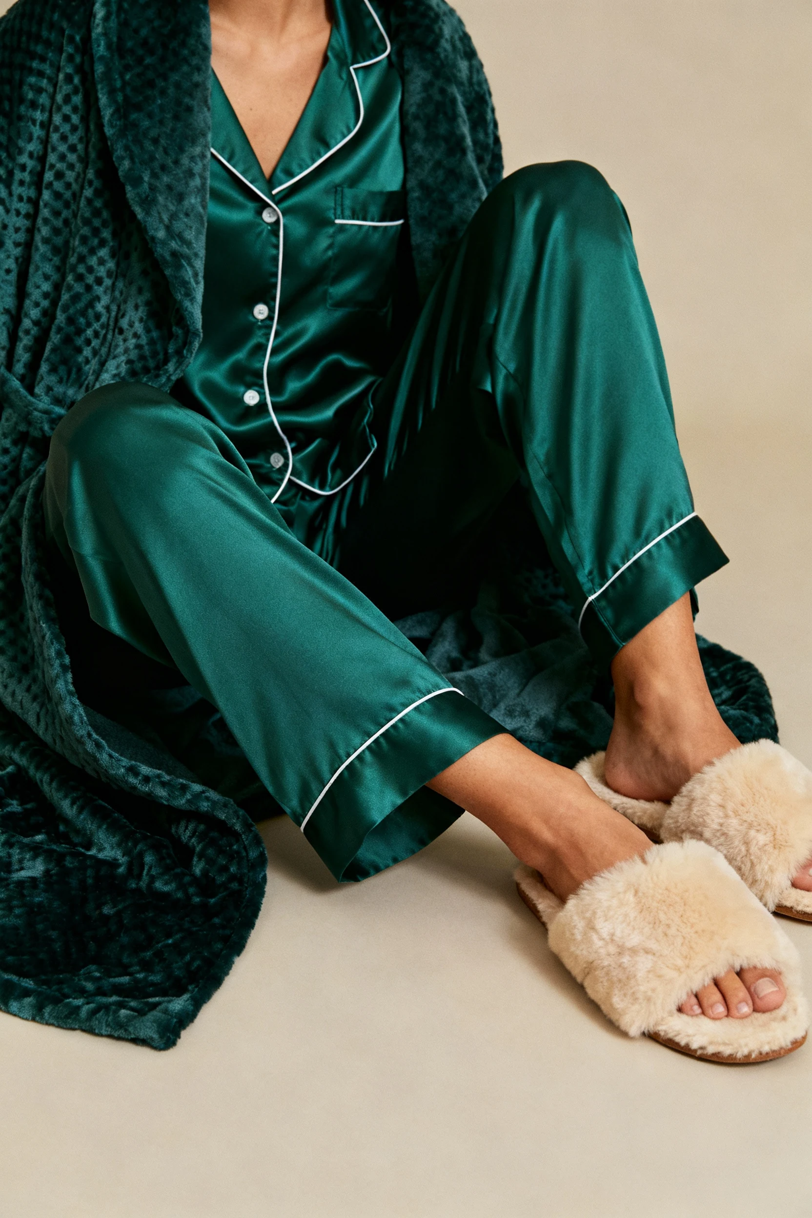closeup female deep emerald satin PJs, plush robe, shearling scuffs
