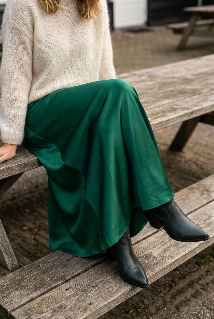 closeup female fuzzy sweater, green satin maxi, pointed boots