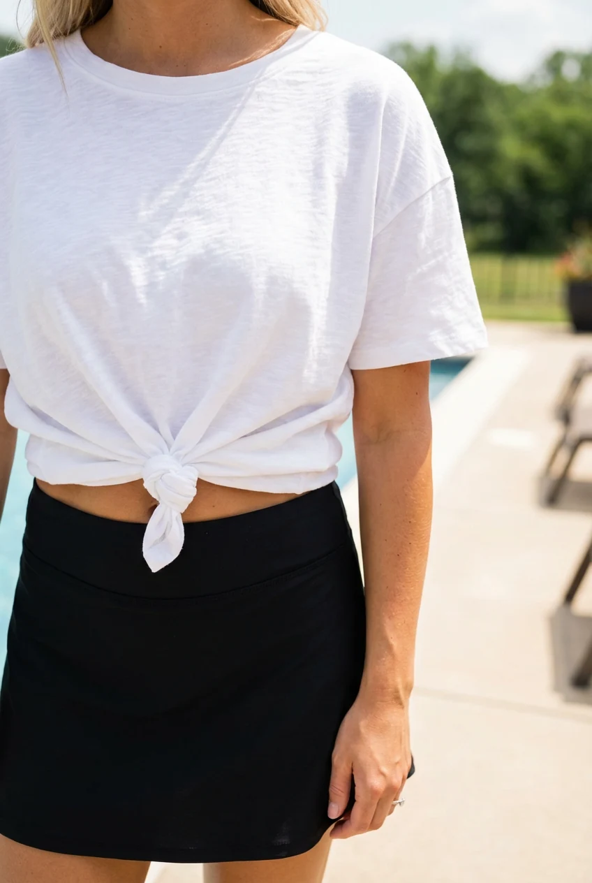 closeup white boxy tee knot over black swim skirt