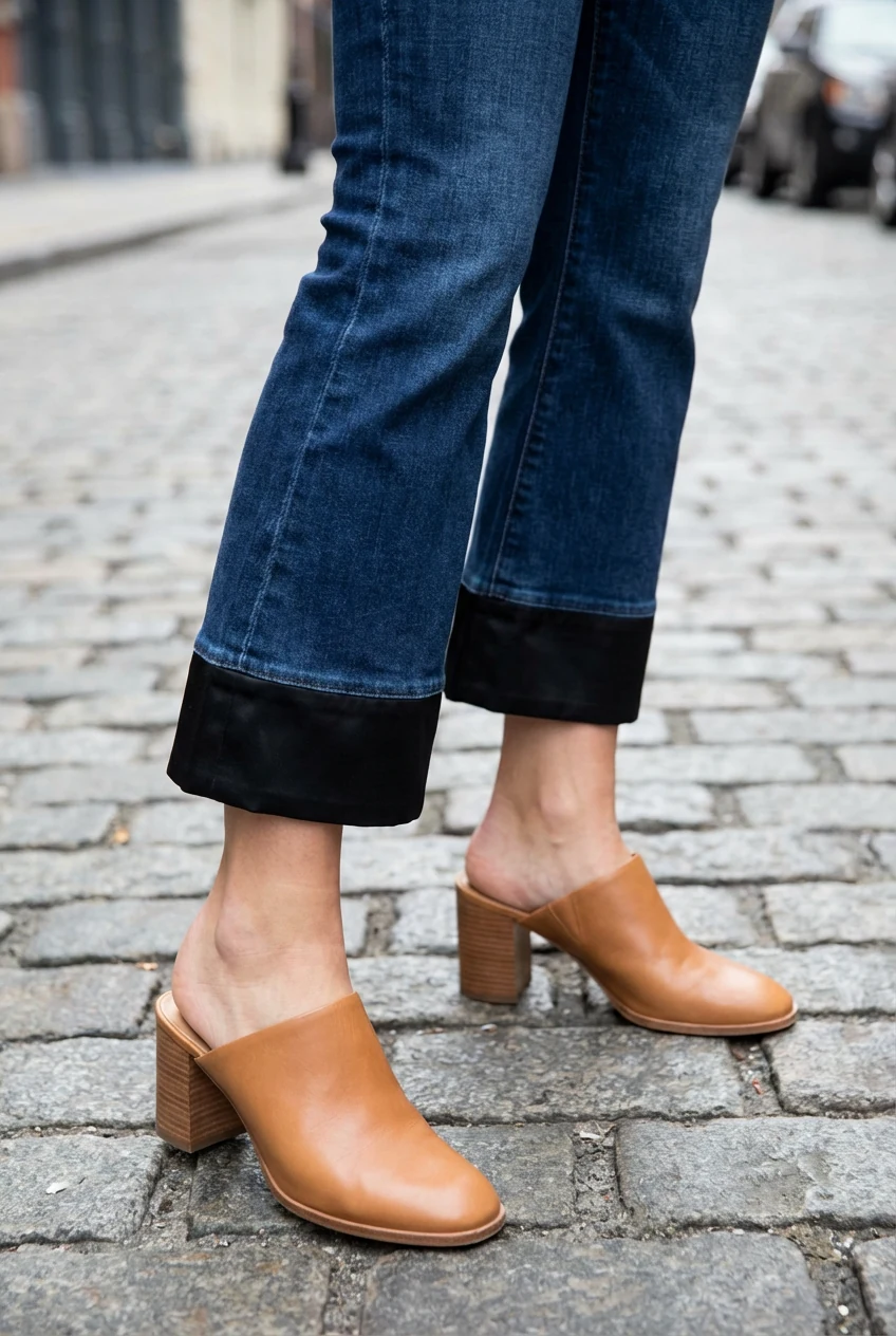 Closeup satin hem, cropped flare jeans, block-heel mules, female