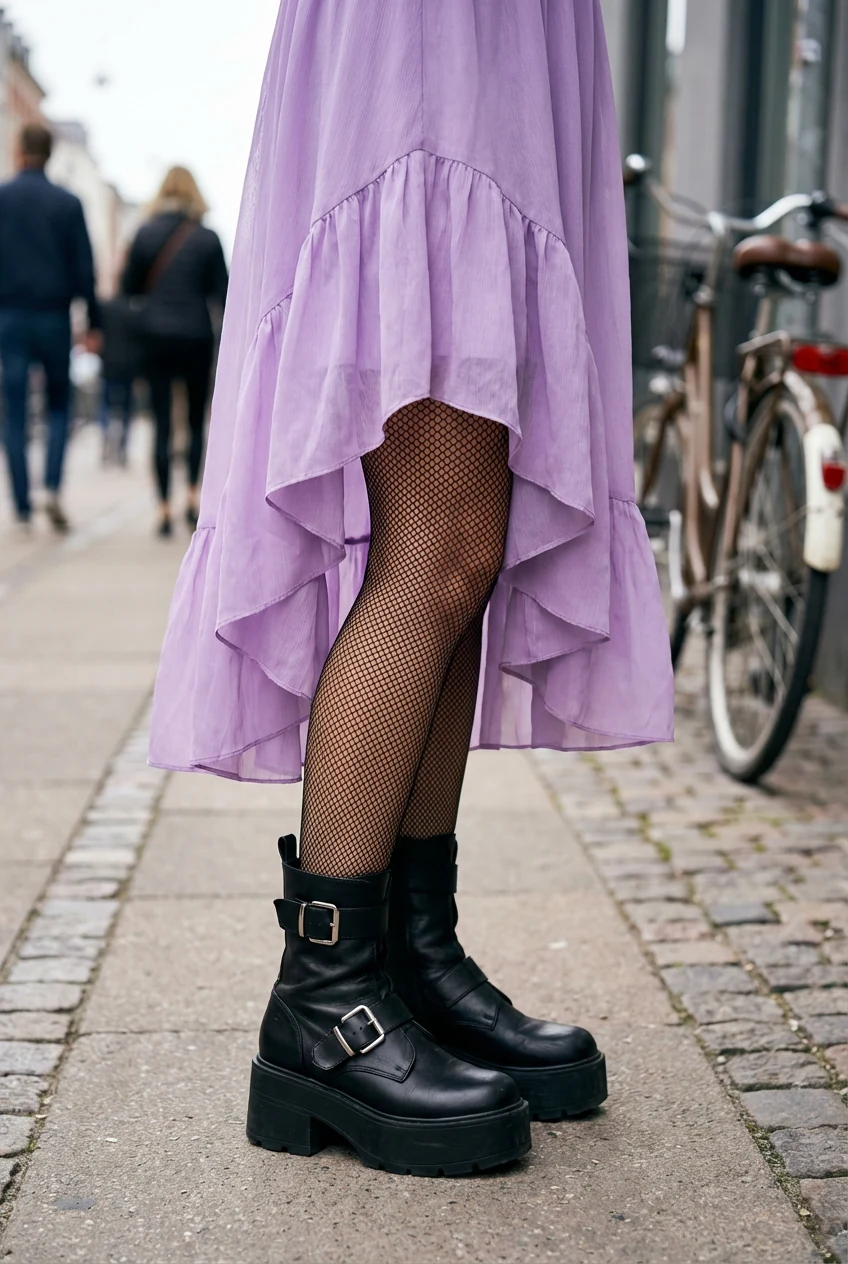 female legs in fishnets, platform boots, lavender dress hem