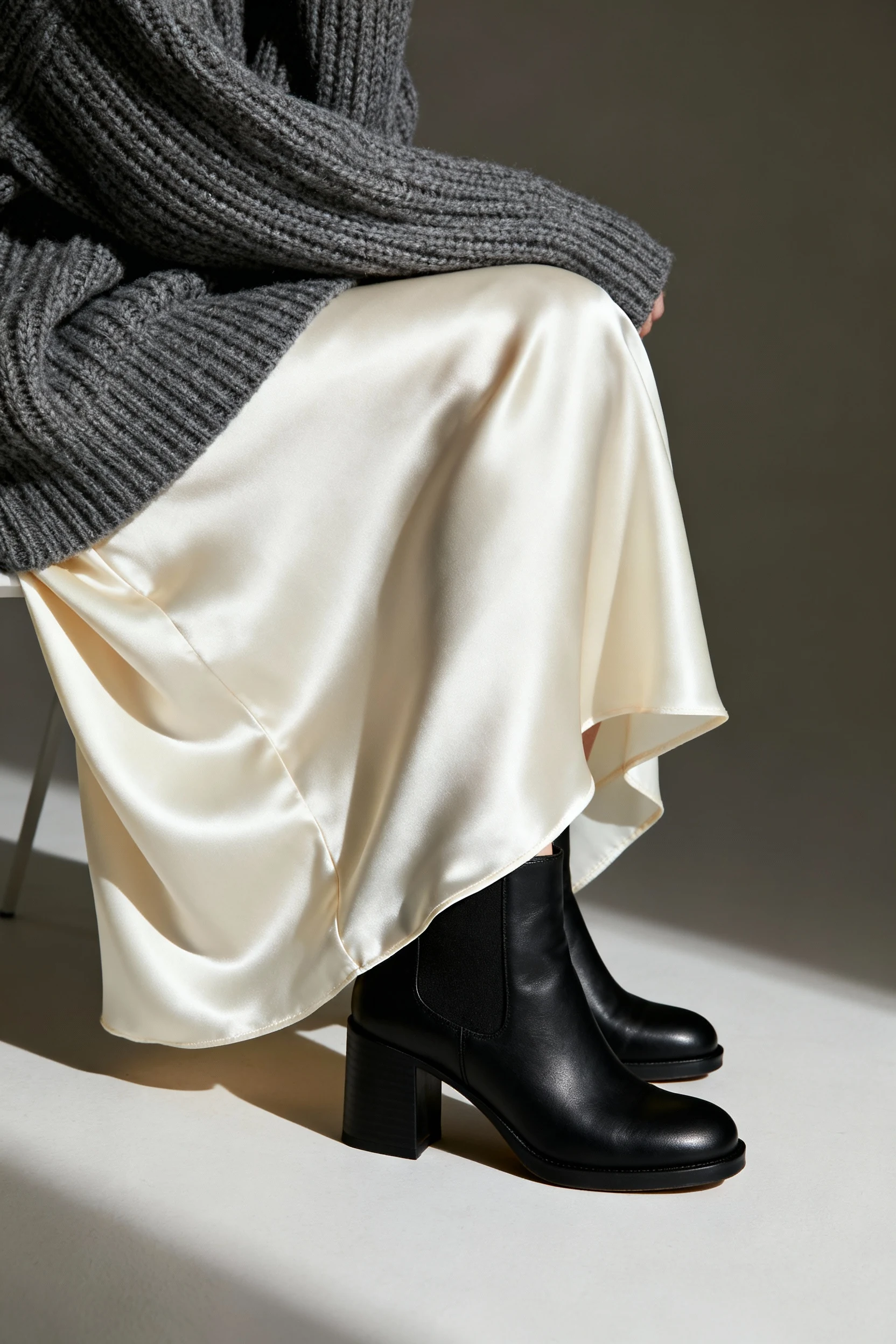 closeup satin slip skirt with chunky knit, black ankle boots