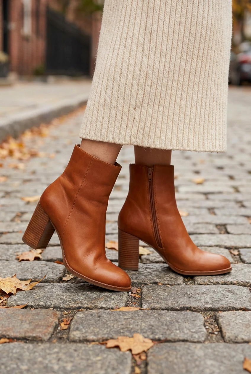 closeup block-heel ankle boots with ribbed knit midi hem