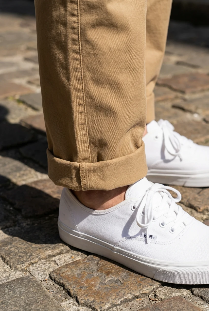 closeup of male tan chinos cuff revealing white sneakers
