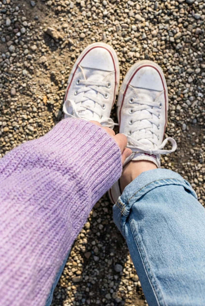 closeup of white sneakers, lavender sweater sleeve, light denim