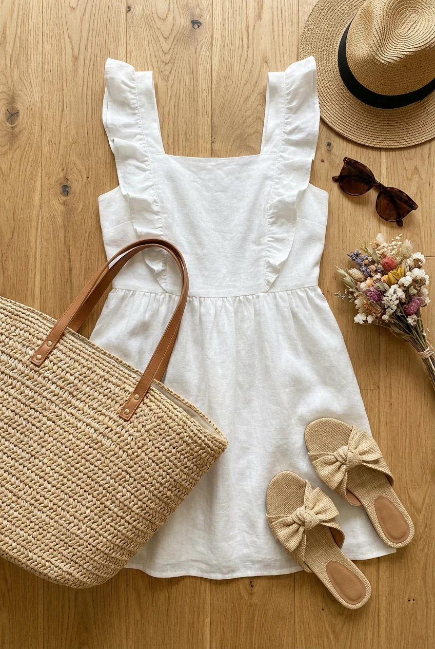 flat lay white sundress, woven raffia tote, raffia slides