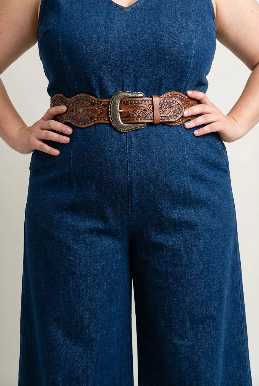 closeup plus-size female waist, statement belt, wide-leg jumpsuit