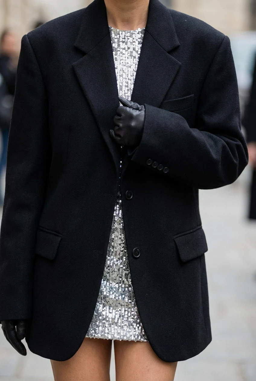 closeup silver sequin mini under black oversized blazer