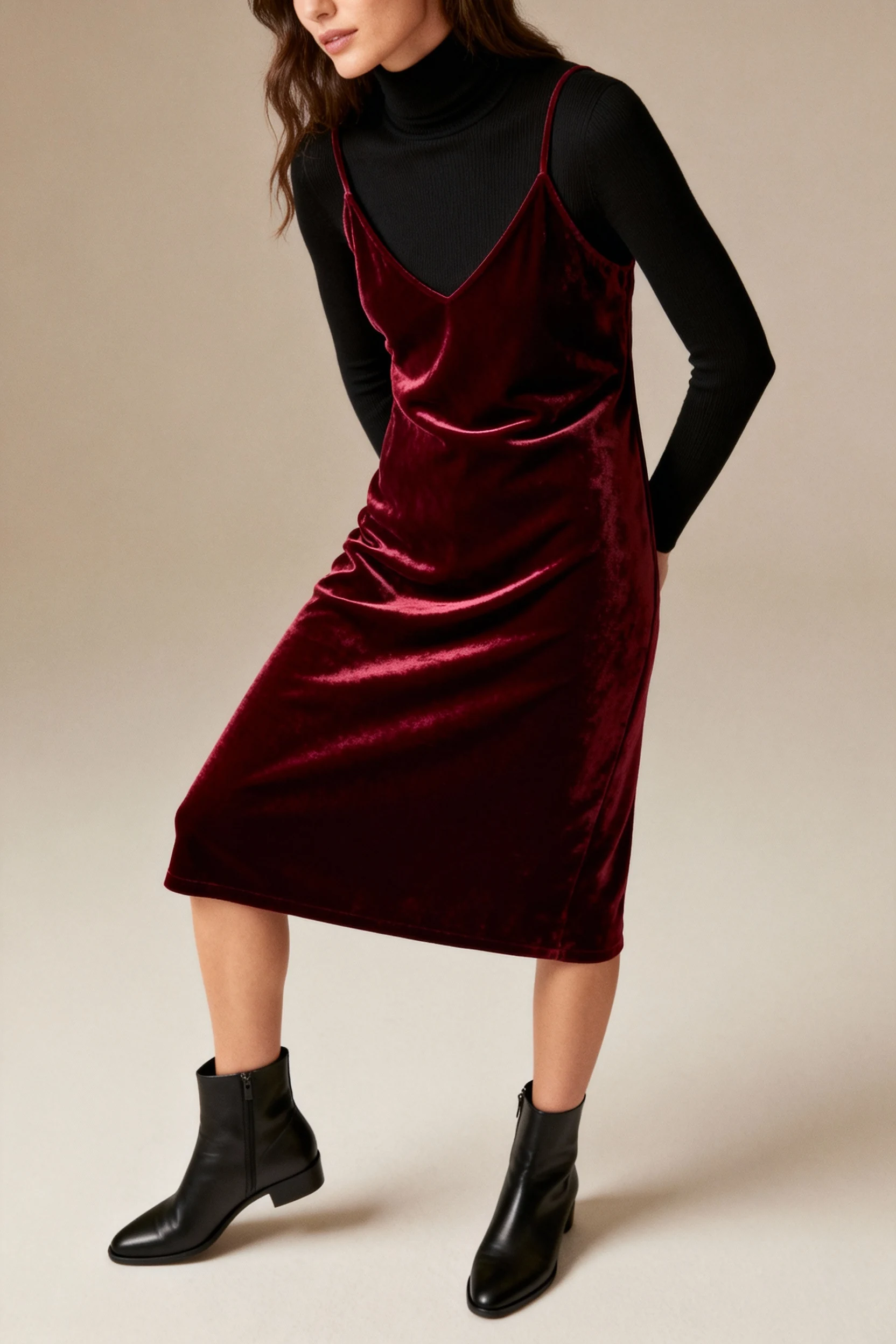 female burgundy velvet slip dress over black turtleneck, ankle boots