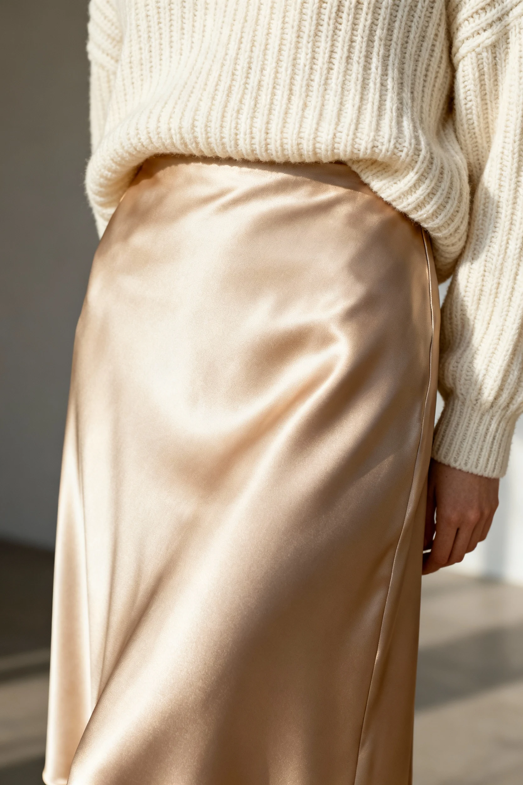 champagne satin midi skirt, chunky cream ribbed knit closeup