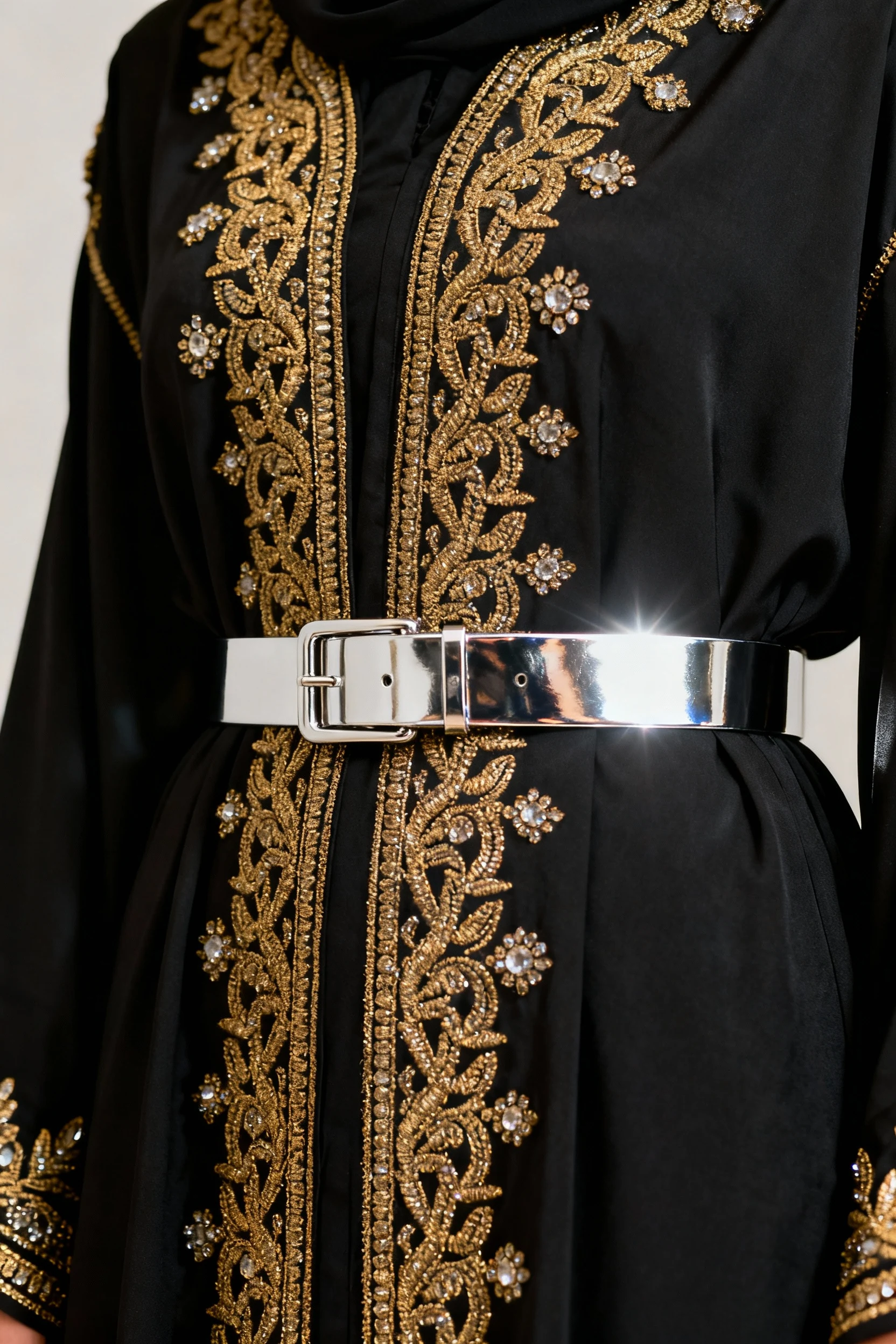 closeup metallic skinny belt cinching black embellished abaya