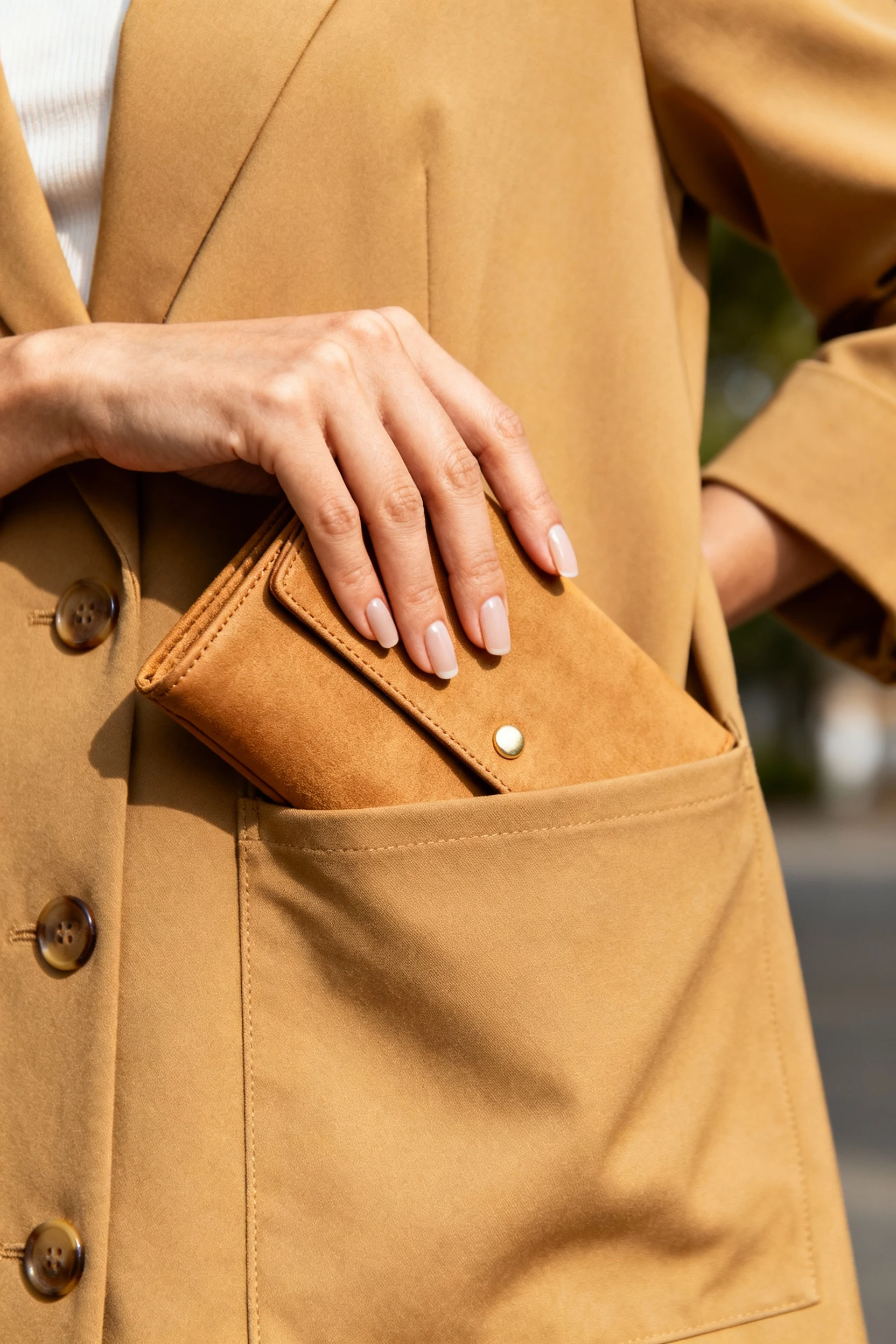 Closeup female hand tucking tan foldover clutch under camel waistcoat