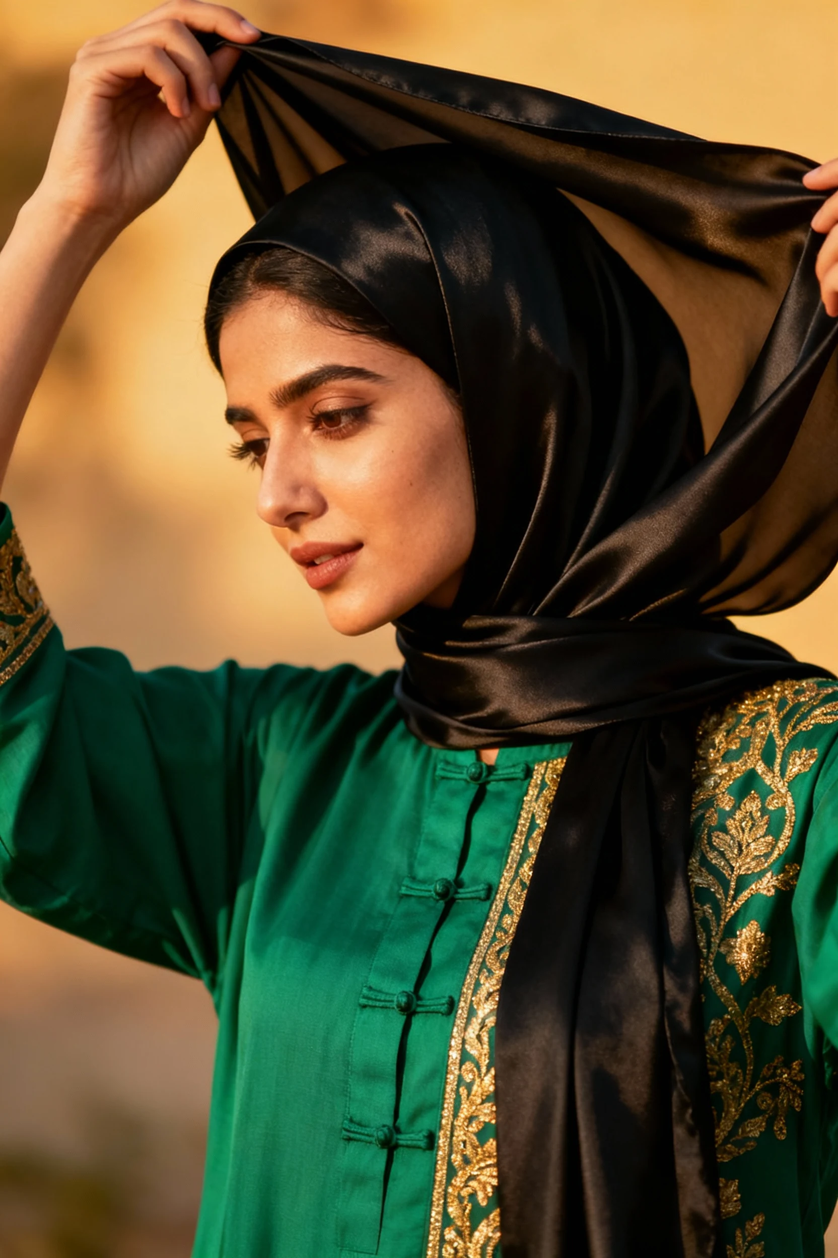 female adjusting black silk hijab waterfall drape, emerald kurta