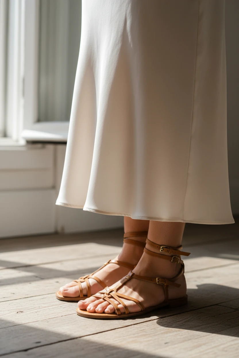 closeup strappy flat sandals with satin midi hem