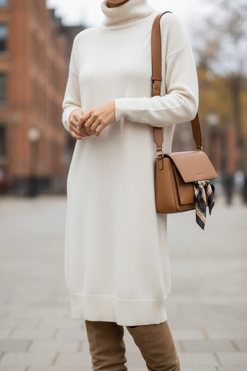 closeup female cashmere turtleneck midi, slouchy knee-high boots, shoulder bag