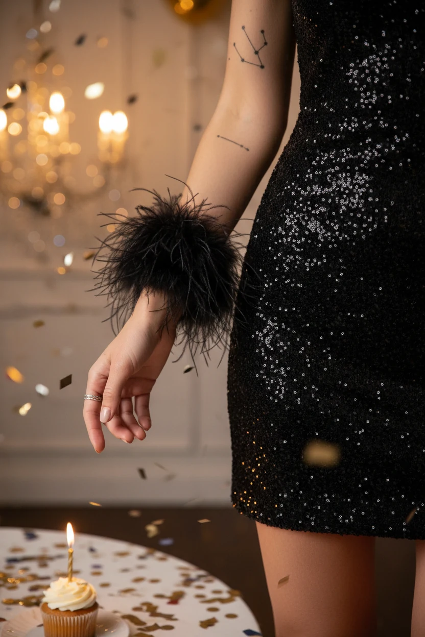 female hand adjusting feather cuff on black mini birthday dress