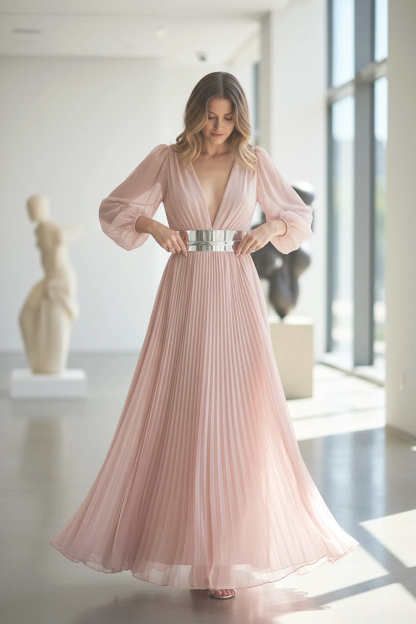 woman adjusting metallic belt on pleated blush maxi dress