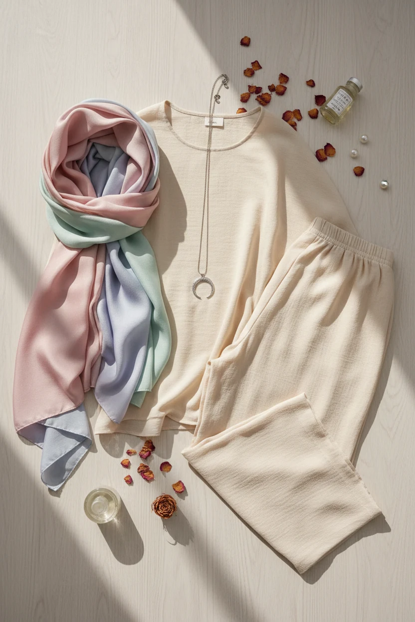 flat lay of pastel silk hijab next to rayon co-ord set
