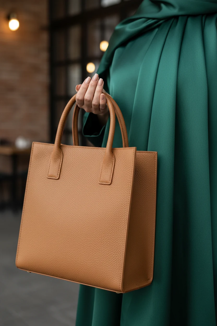 female hand holding structured leather tote with matte-satin hijab visible