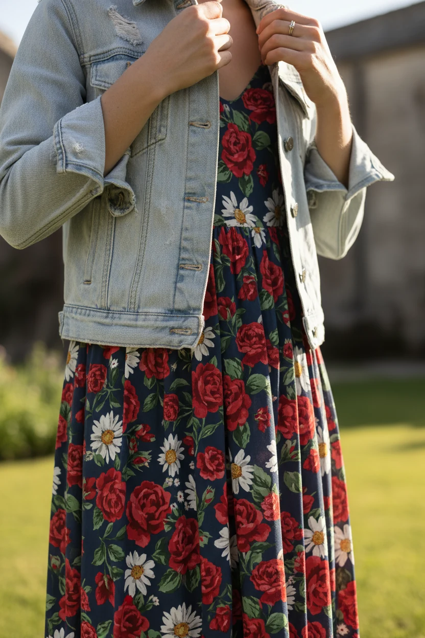 female hands adjusting light-wash denim jacket over floral maxi dress
