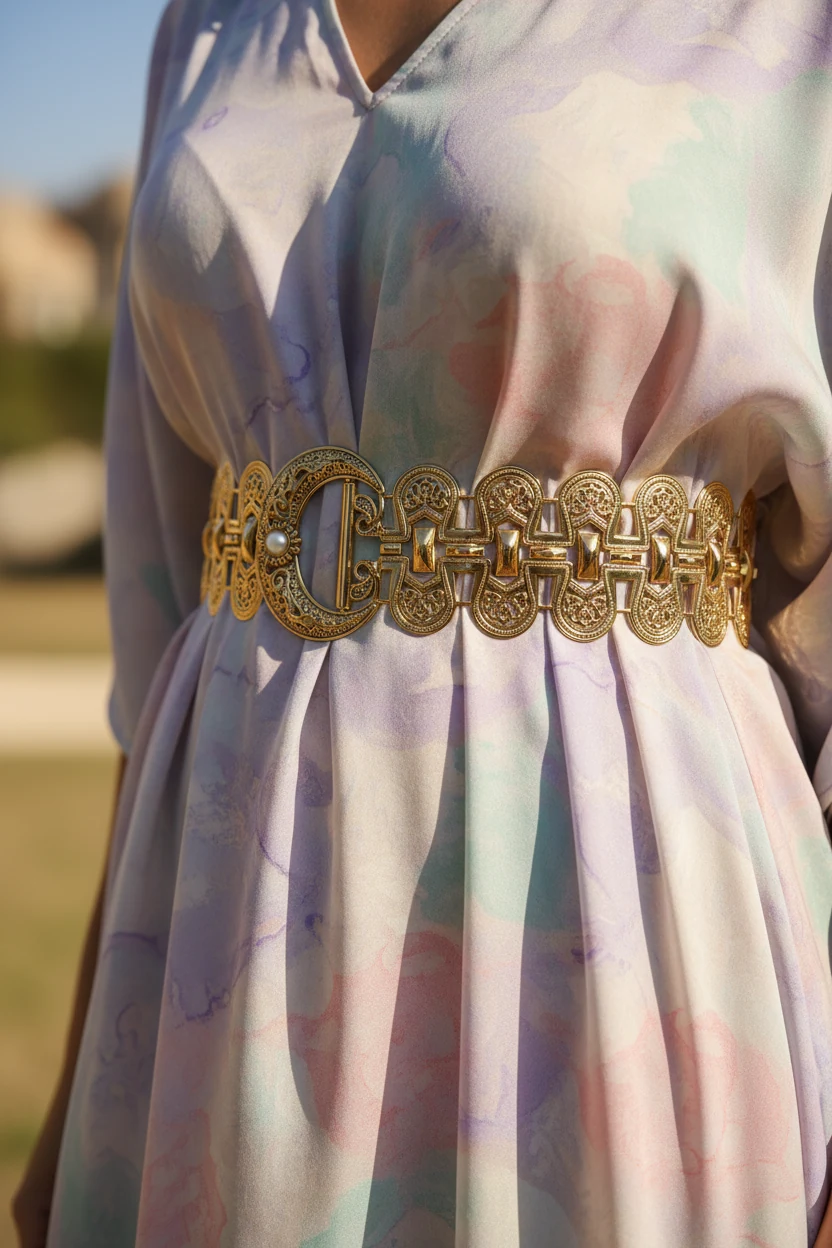 closeup of metallic belt cinching soft pastel kaftan waist