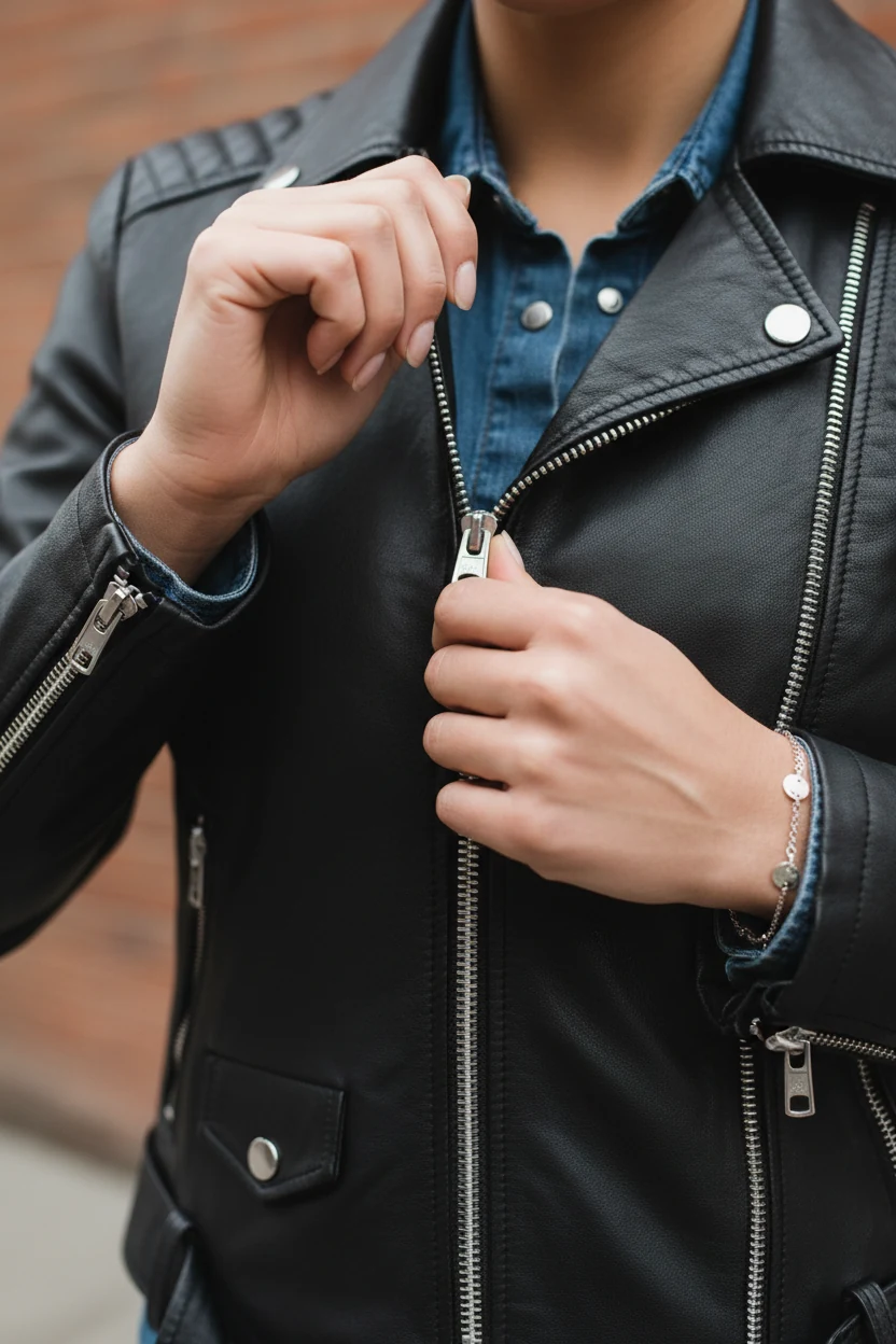 female hands adjusting black leather moto jacket zipper