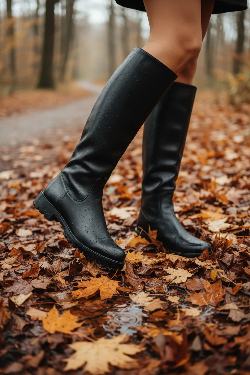 female legs in black knee-high leather boots walking on wet autumn leaves