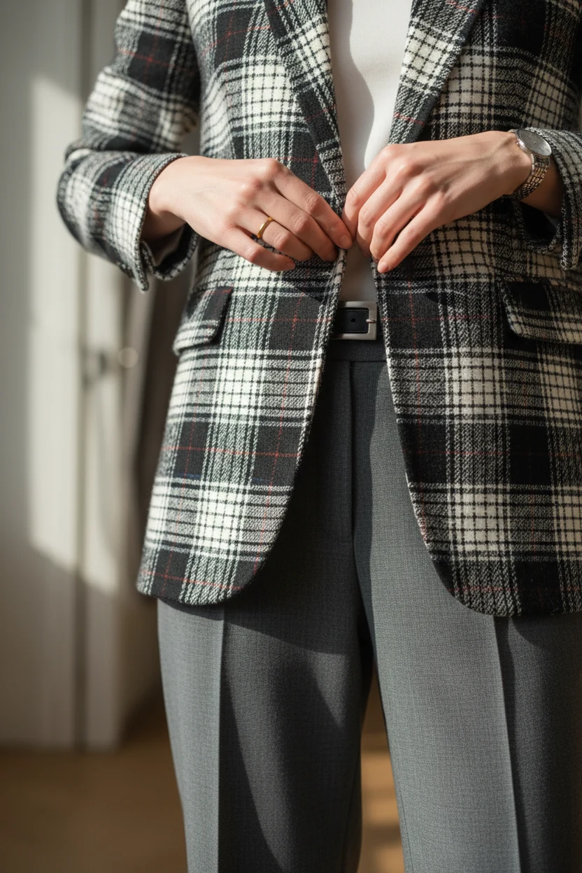 female hands adjusting plaid blazer over tailored grey trousers