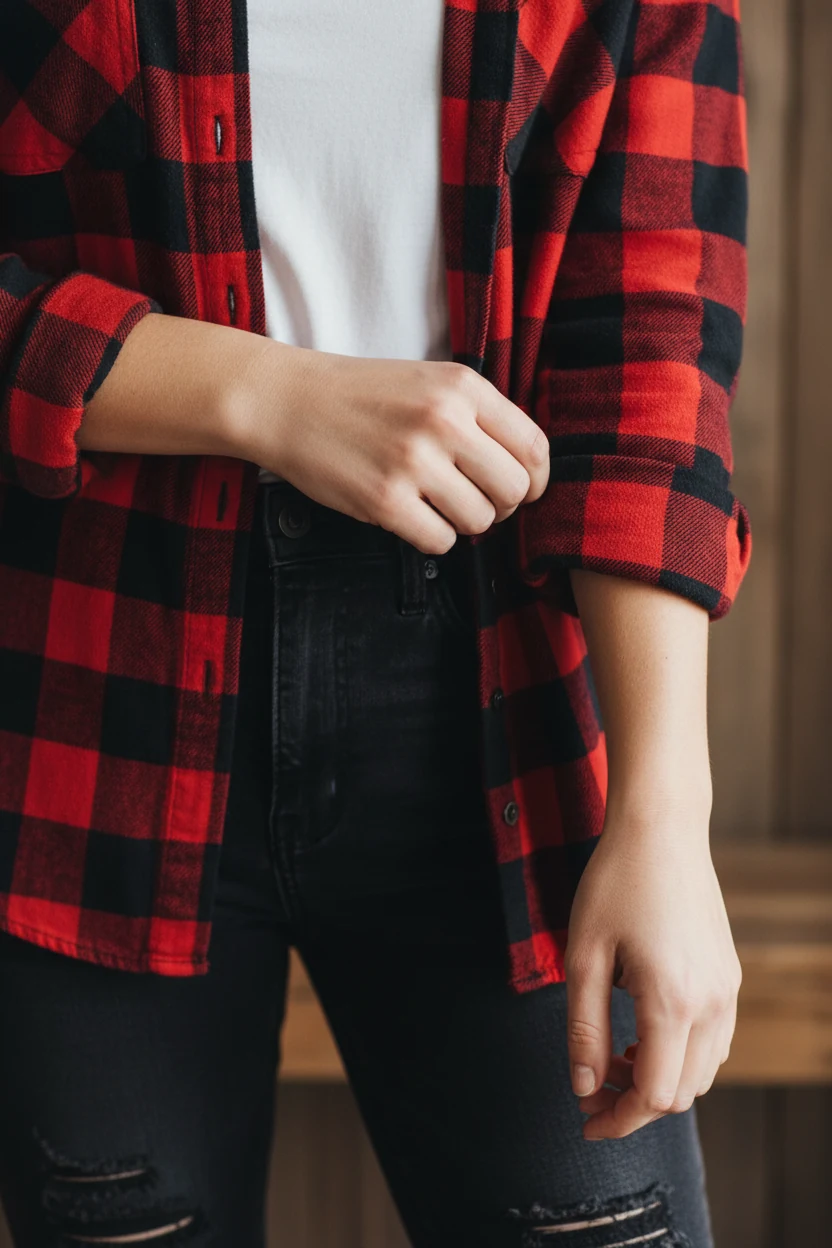 female hands adjusting plaid flannel shirt sleeves over black jeans