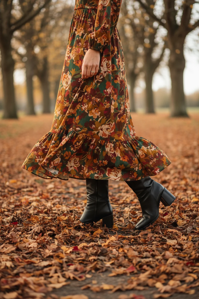 printed midi dress hem brushing against black block-heeled ankle boots on autumn leaves
