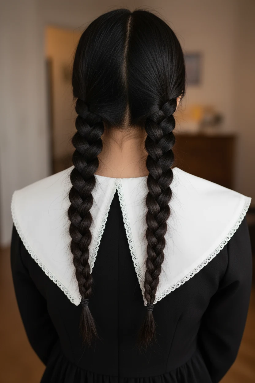 detail shot of braided pigtails and white collar on black dress