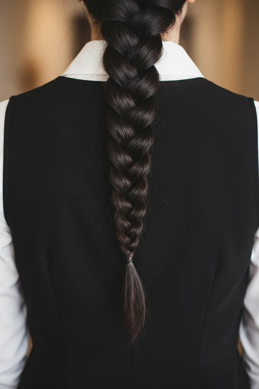 closeup of braided hair over white collared shirt under black dress