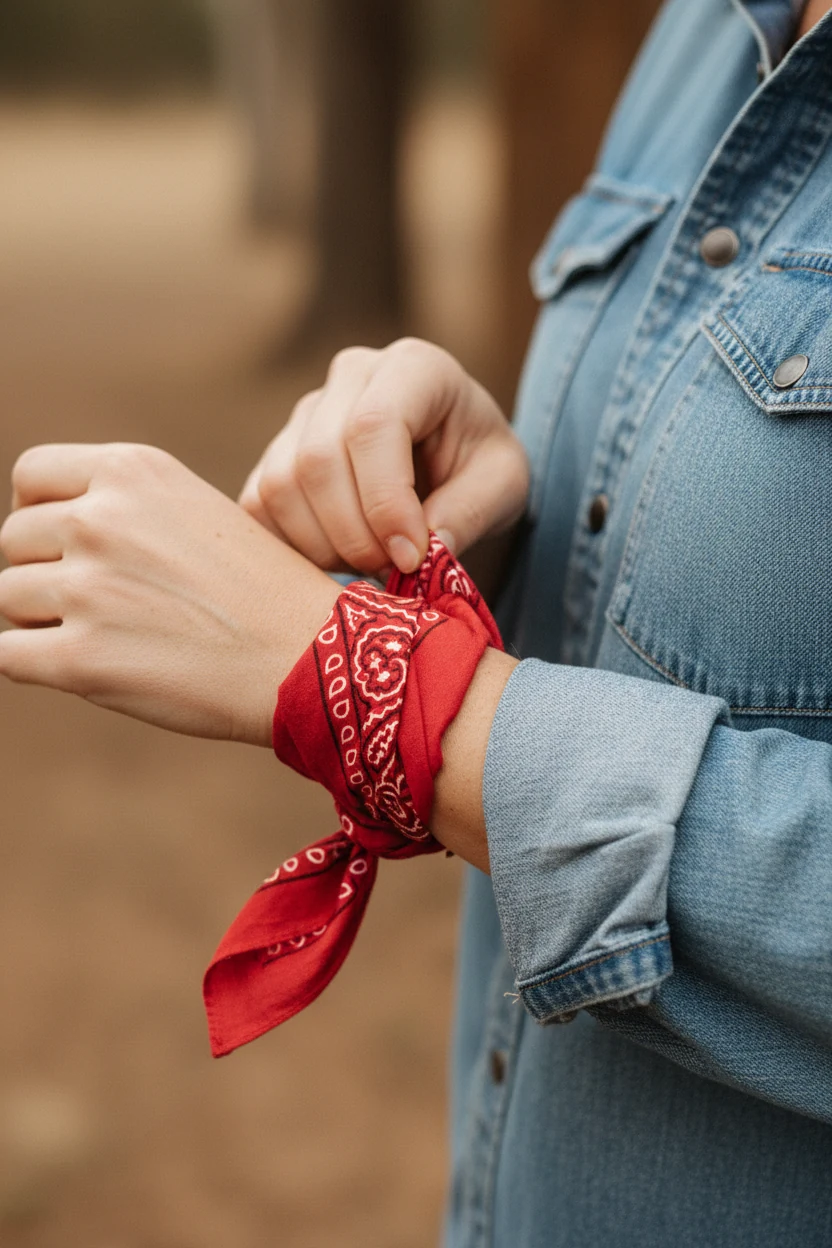 closeup of woman’s hands tying red bandana over rolled-sleeve denim shirt