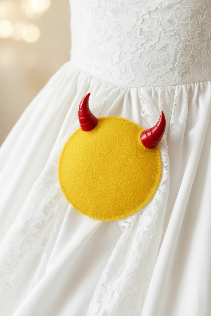 closeup of white dress with yellow felt circle and small red devil horns