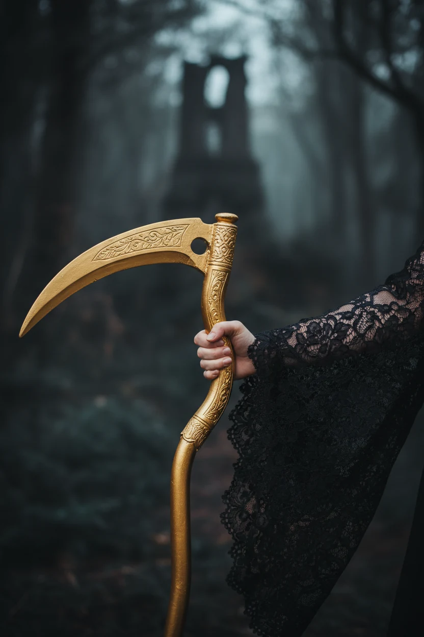 closeup of gold-painted scythe held by female hand in long flowing black lace sleeve