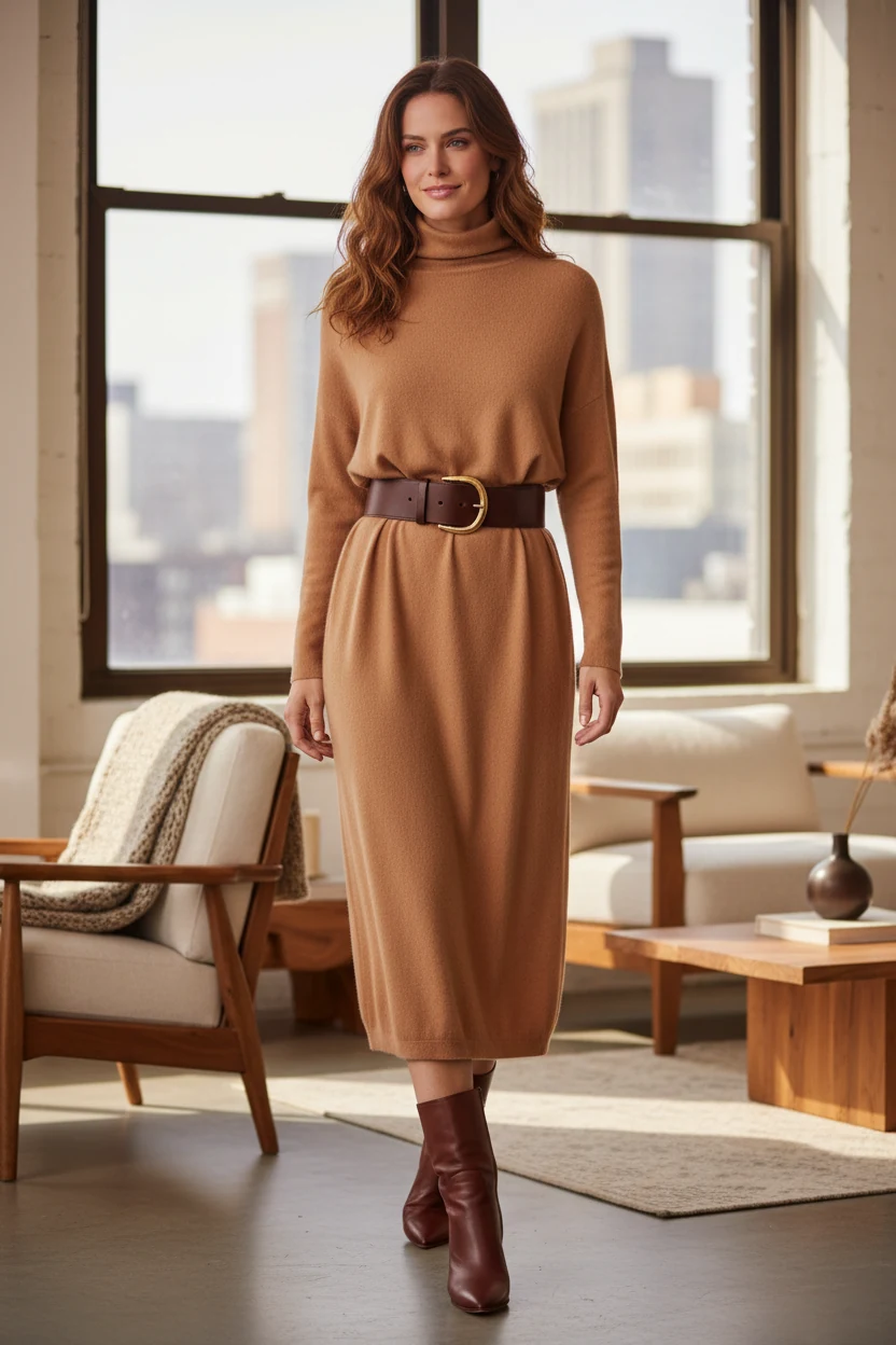 woman in camel cashmere turtleneck dress cinched with wide leather belt