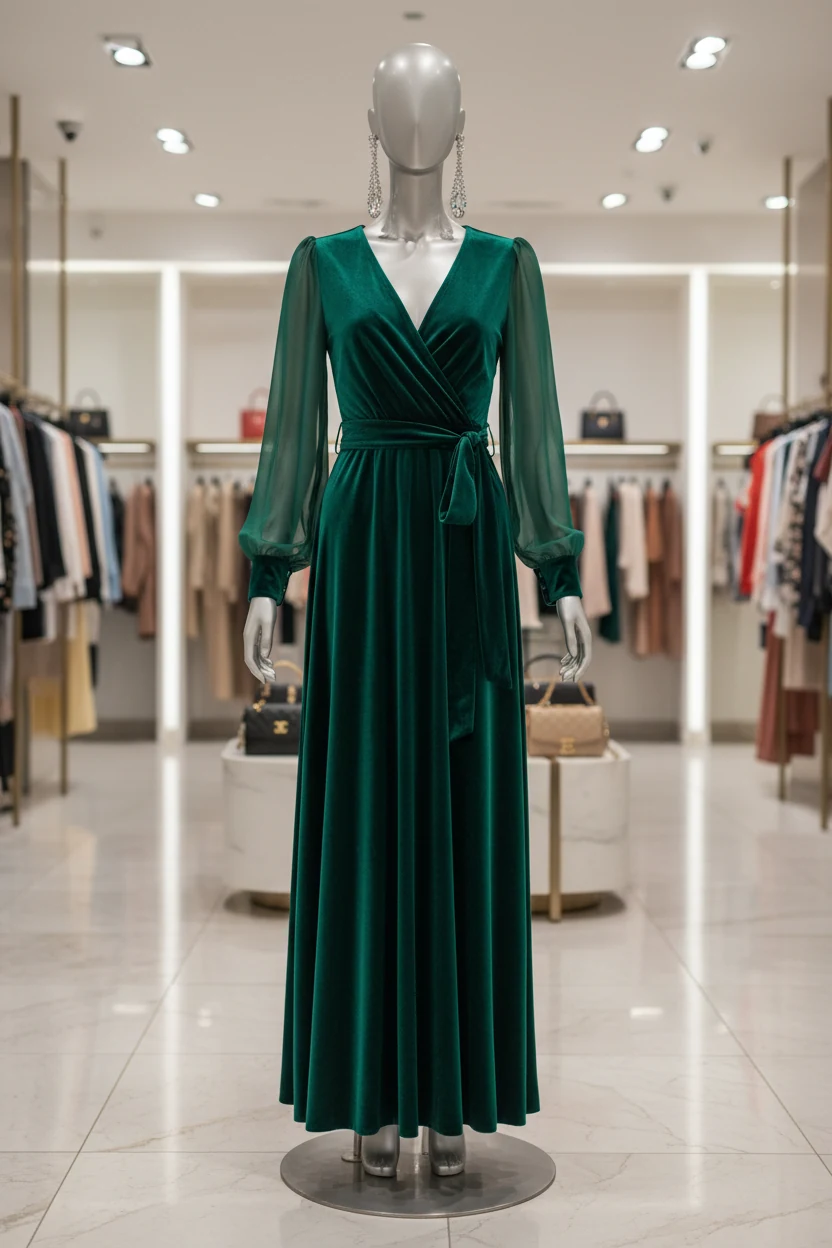 emerald velvet wrap dress with dangly crystal earrings on female mannequin