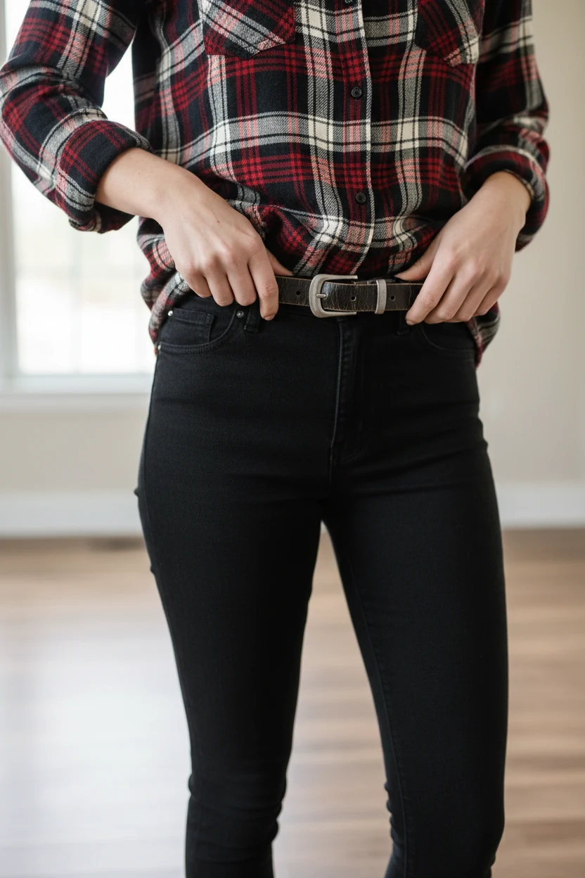 female hands tucking plaid flannel shirt into black skinny jeans