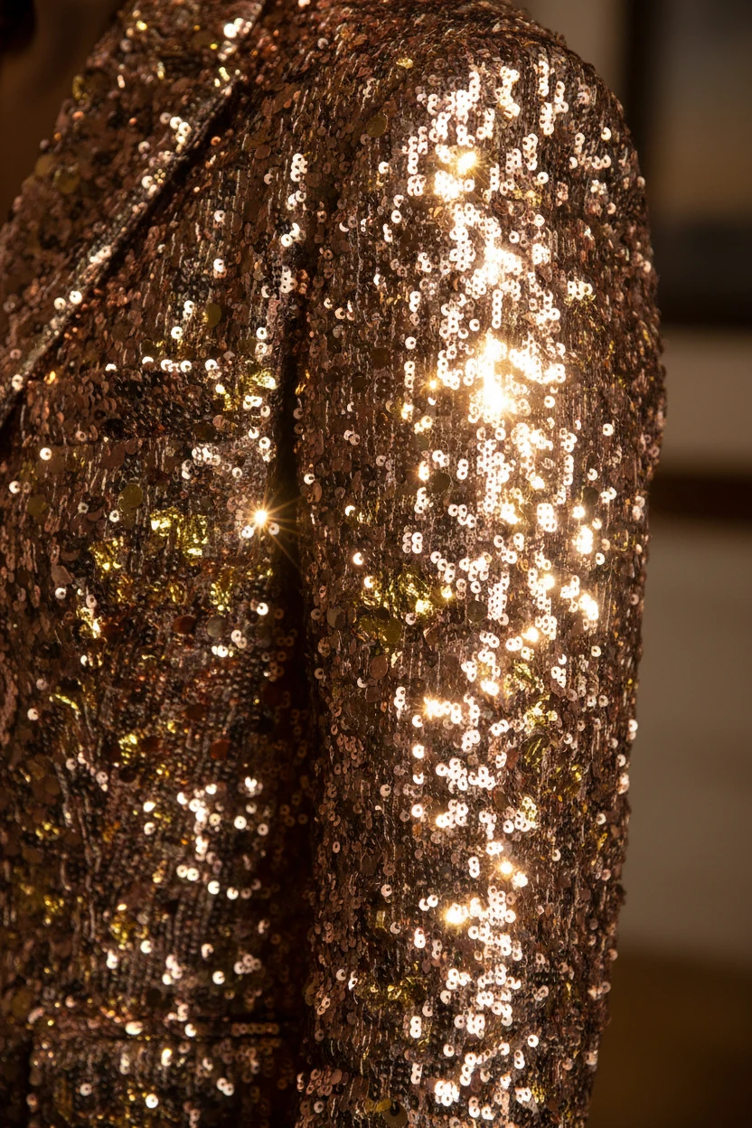 detail shot of sequined blazer sleeve with light reflecting off gold flakes