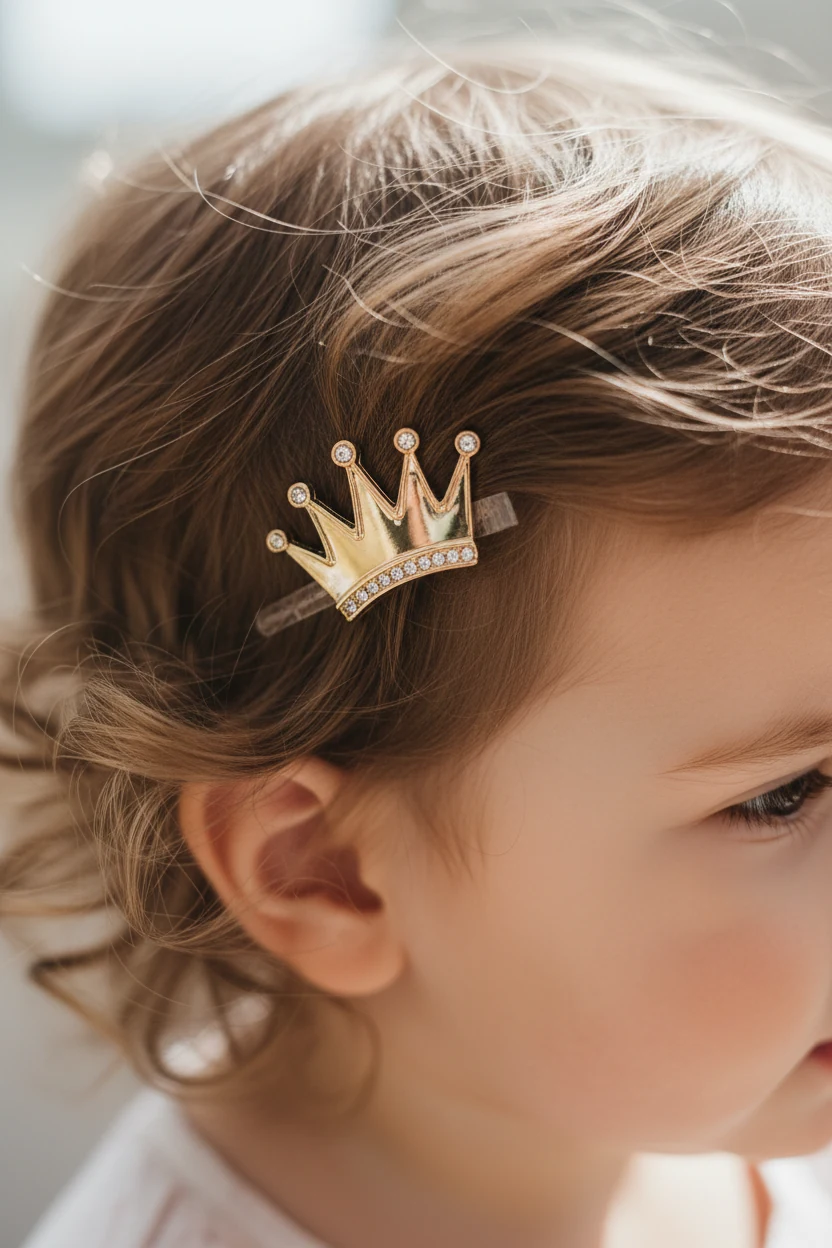 closeup of gold hair clip in toddlers hair