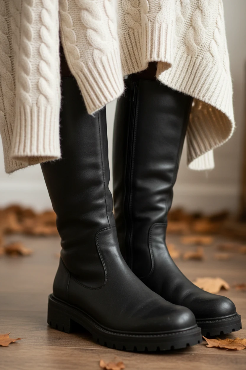 closeup black knee-high boots with cream chunky sweater