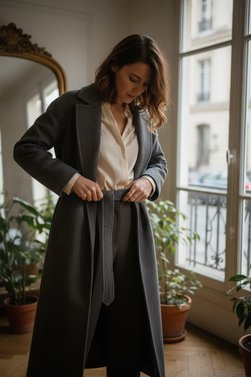 female adjusting long wool coat belt over silk blouse