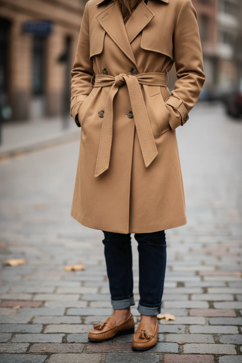 closeup female camel trench belt knot, dark jeans, loafers