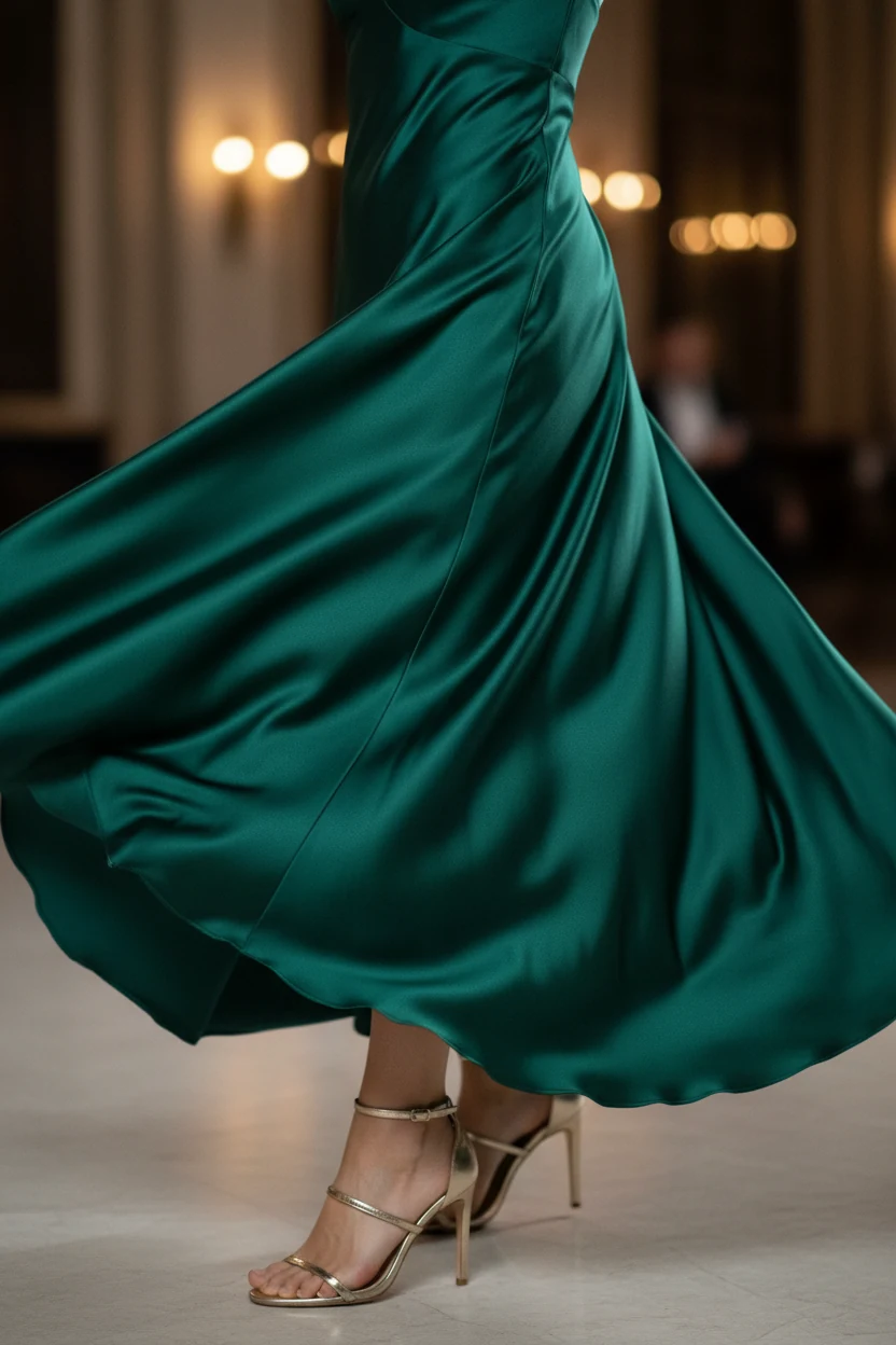 closeup emerald satin slip dress swish, strappy heels