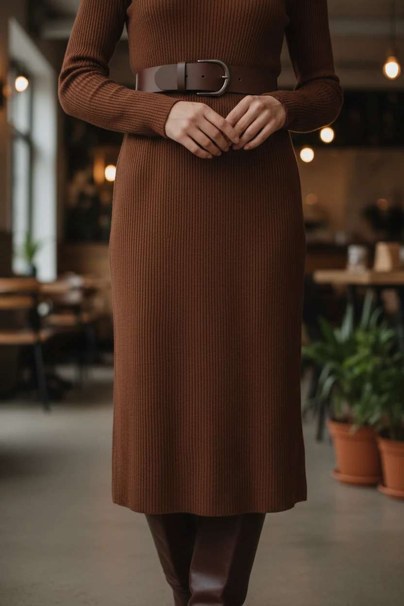 closeup ribbed espresso midi dress, darker belt, knee-high boots
